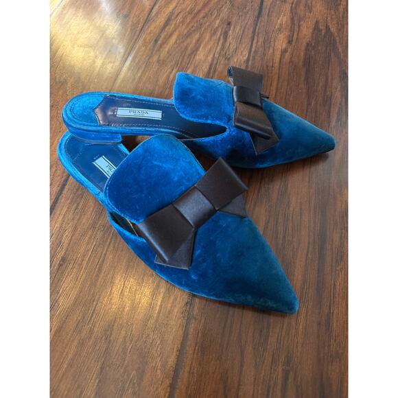 Prada Blue Velvet Shoes Mules With Black Satin Bow 38.5 - Picture 1 of 12